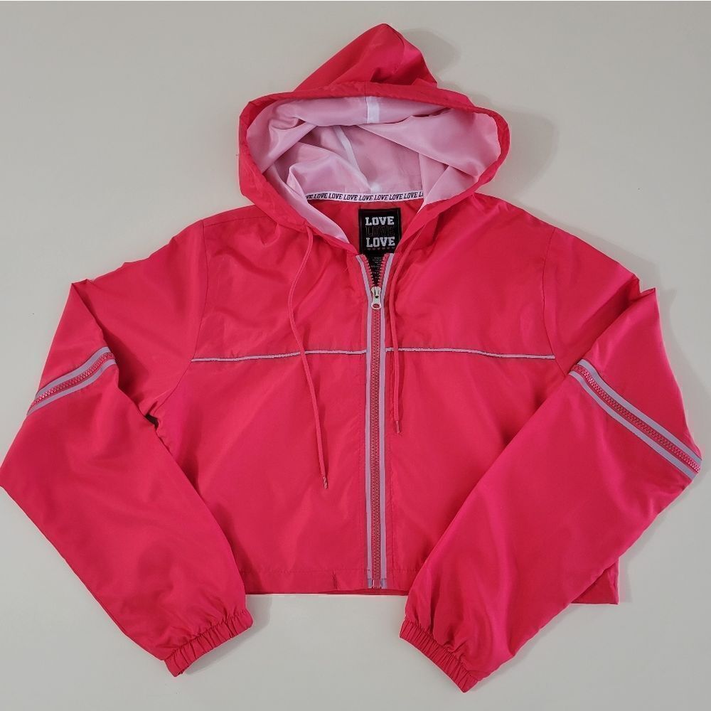Love Junior's Red Hooded Cropped Windbreaker Full Zip Lined Jacket